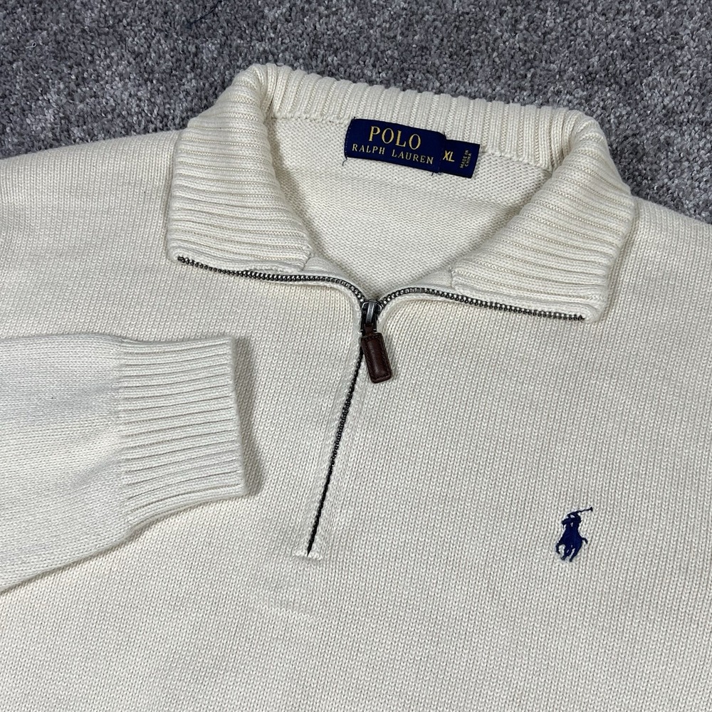 Polo Ralph Lauren Quarter Zip Pullover Men XL Ivory Cotton Classic Knit Sweater